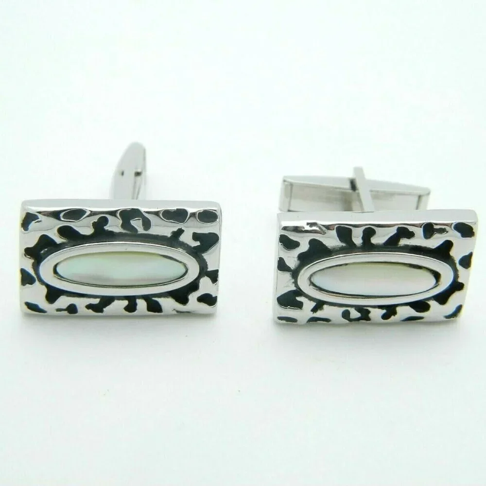 Mother of Pearl Silver Tone Textured Cufflinks Set